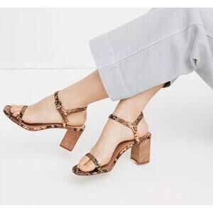 Madewell The Hollie Ankle Strap Sandal Snake Embossed Brown Leather Chunky Heel